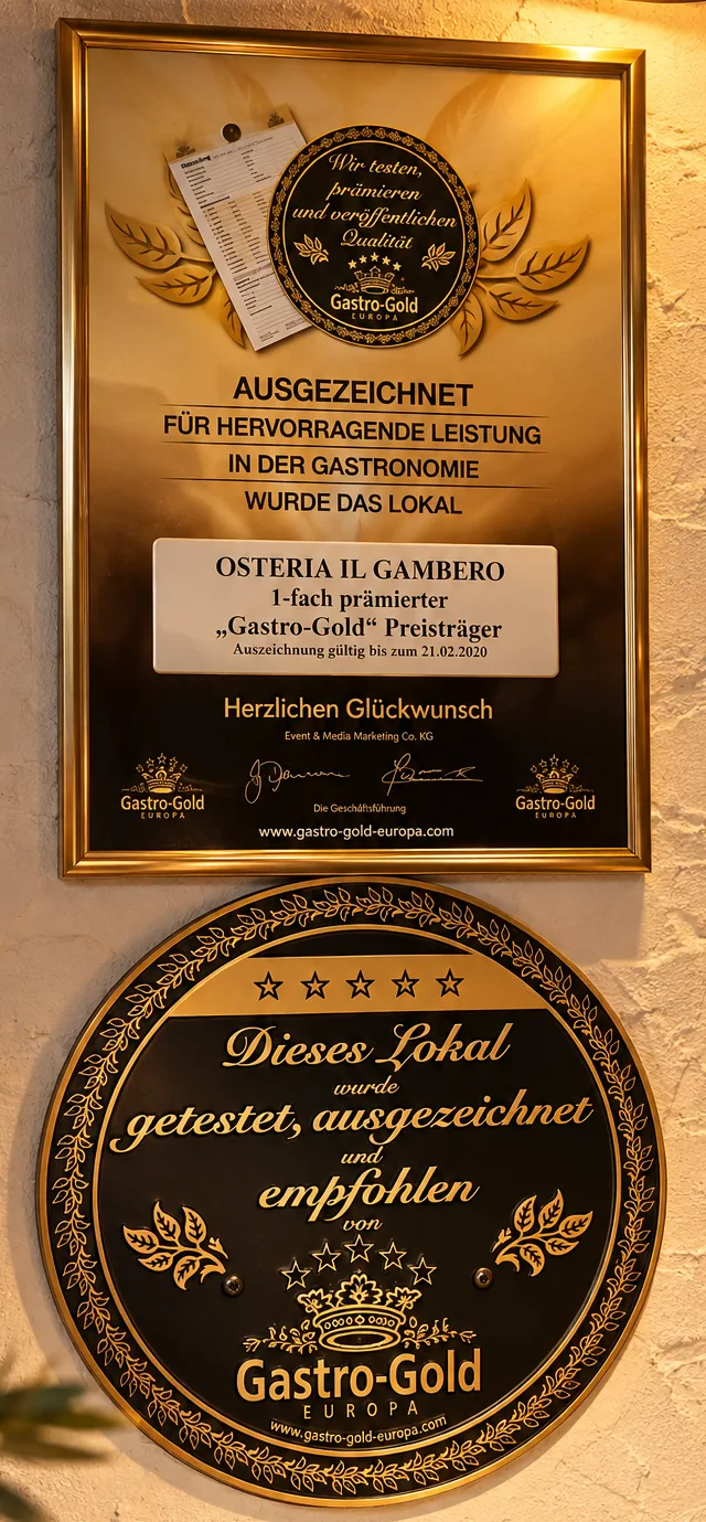 Urkunde und Plakette von Gastro-Gold Europa: Die Osteria Il Gambero wurde für hervorragende Leistung in der Gastronomie ausgezeichnet