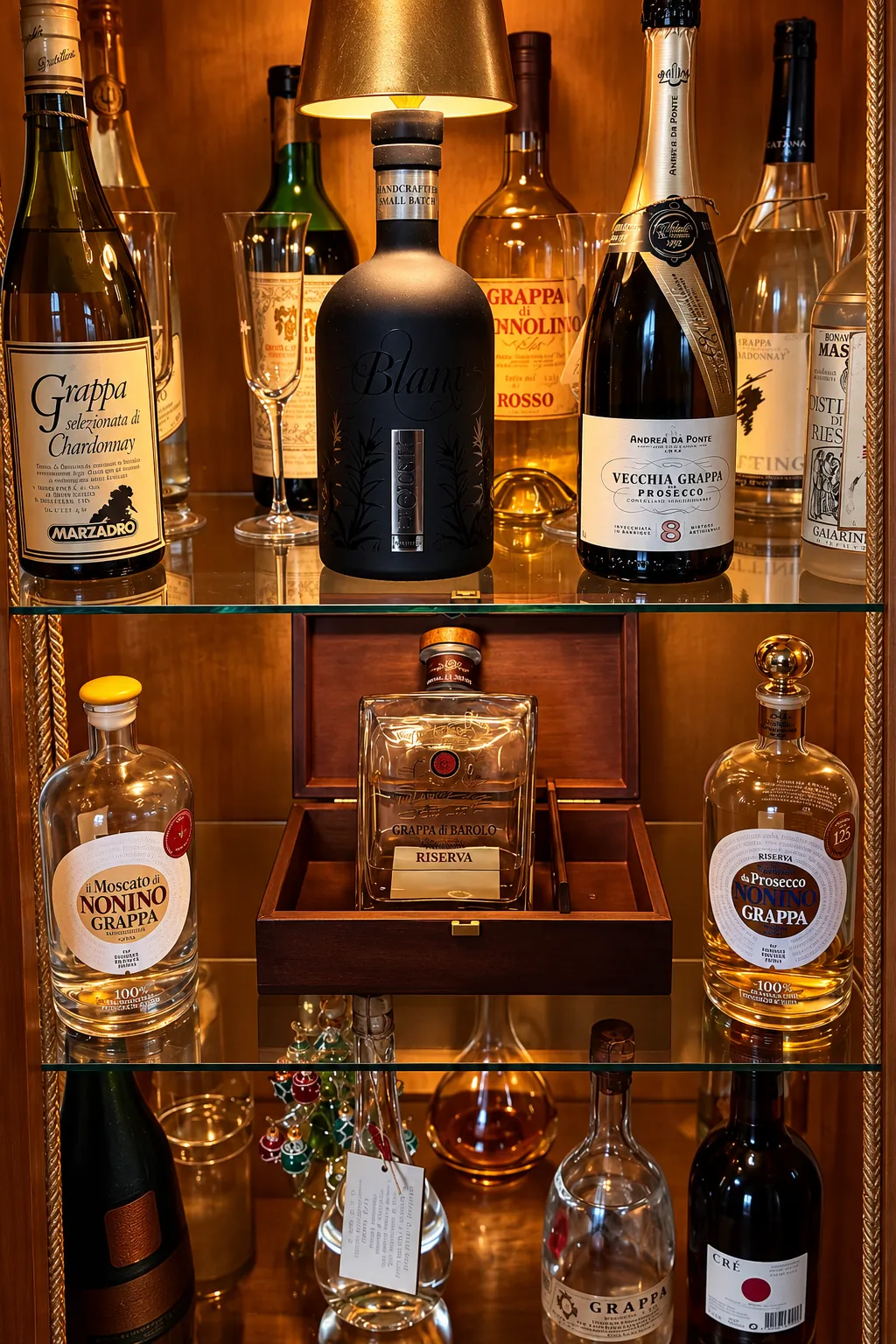 Vitrine mit Grappa-Flaschen und Gläsern im warmen Licht