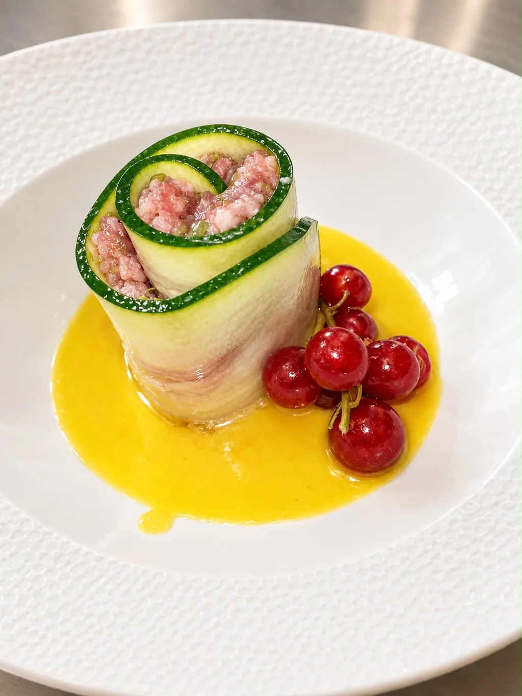 Antipasto: Zucchini-Röllchen mit Tatar auf gelber Sauce und roten Johannisbeeren