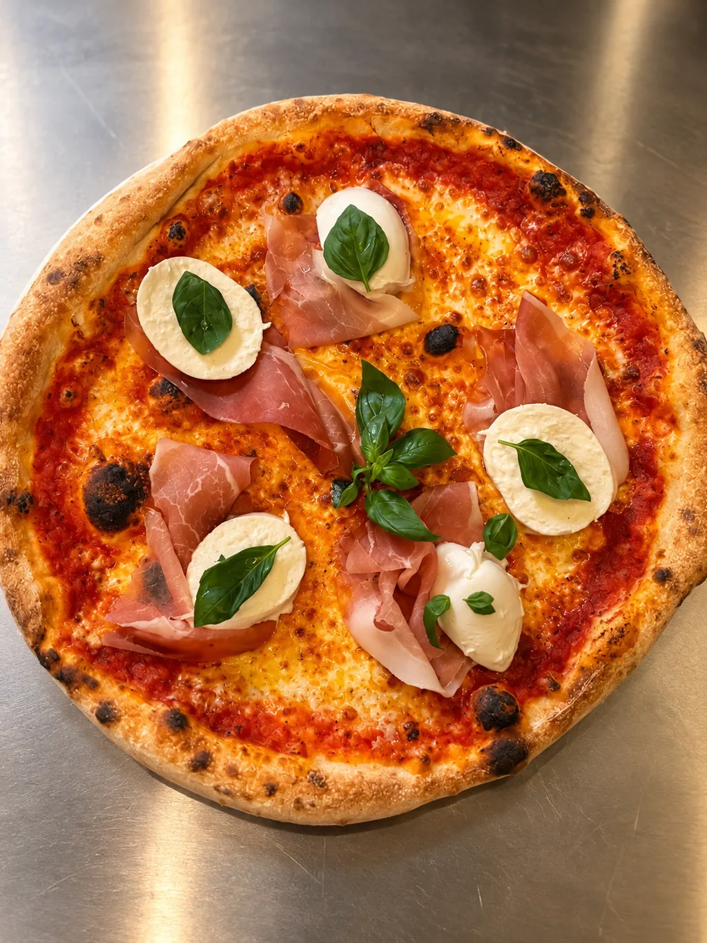 Pizza vom Stein mit Rohschinken, Mozzarella und Basilikum