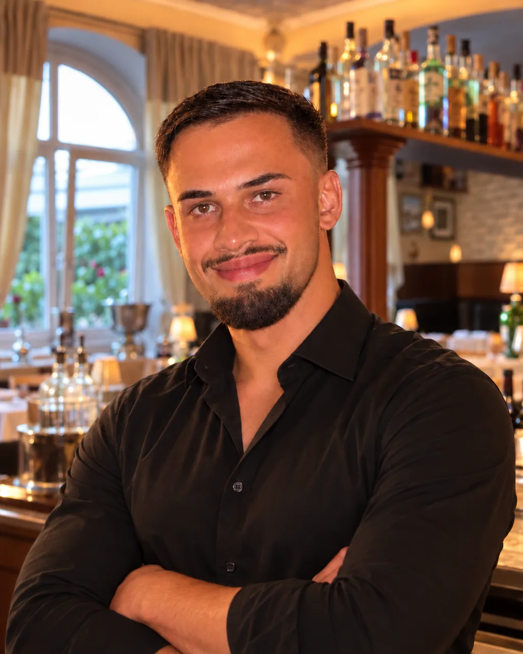 Vincenzo im schwarzen Hemd an der Bar